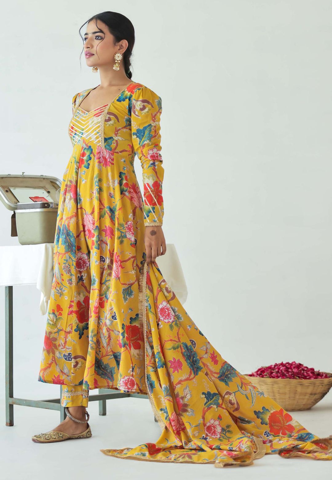 YELLOW GOTA MULMUL FLORAL ANARKALI SUIT SET