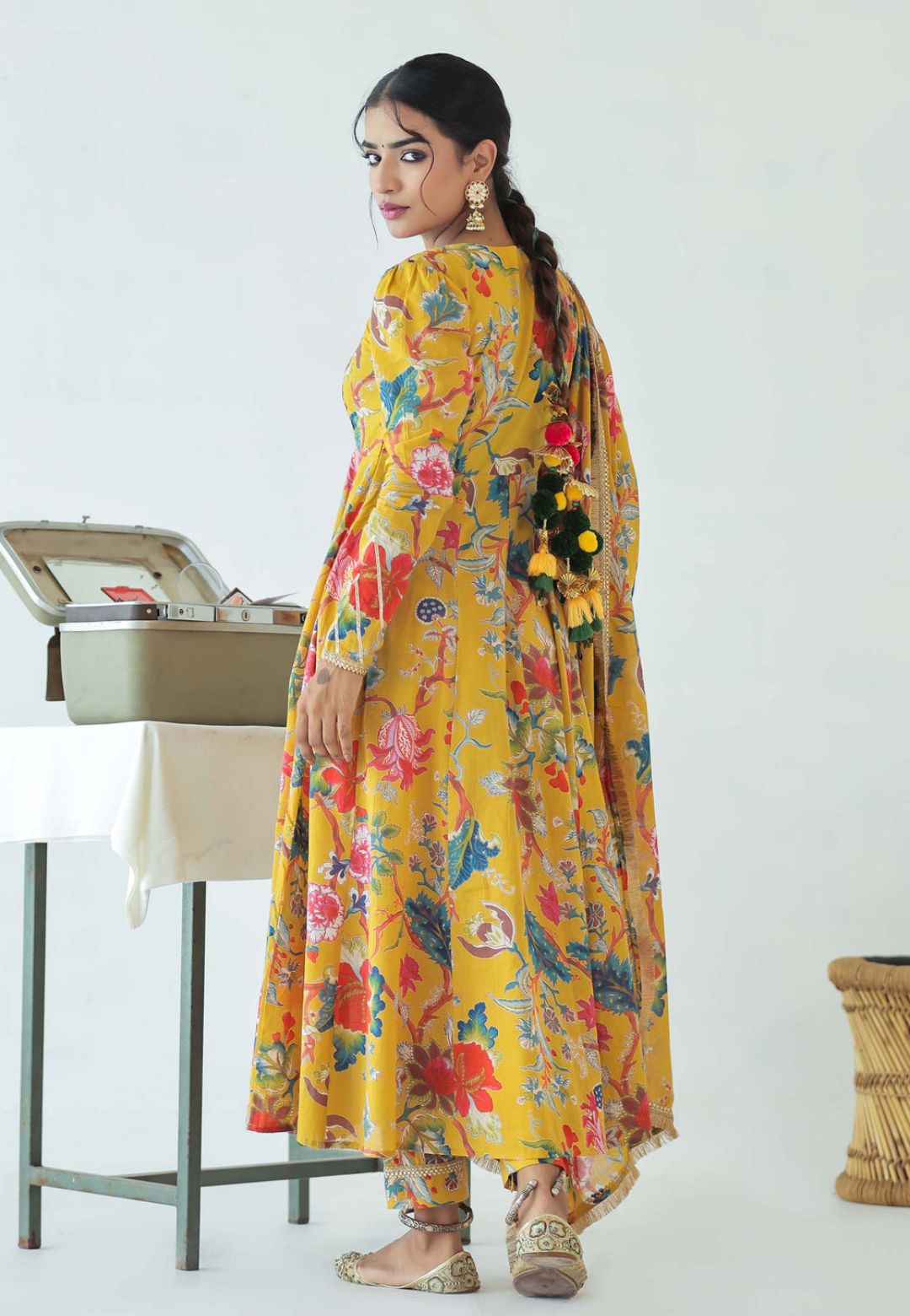 YELLOW GOTA MULMUL FLORAL ANARKALI SUIT SET
