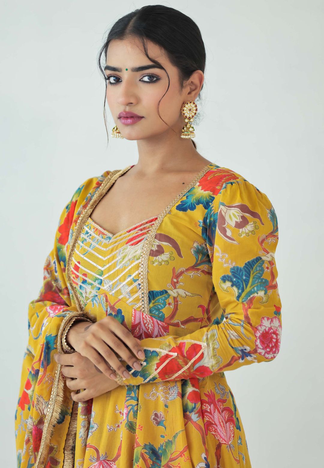 YELLOW GOTA MULMUL FLORAL ANARKALI SUIT SET