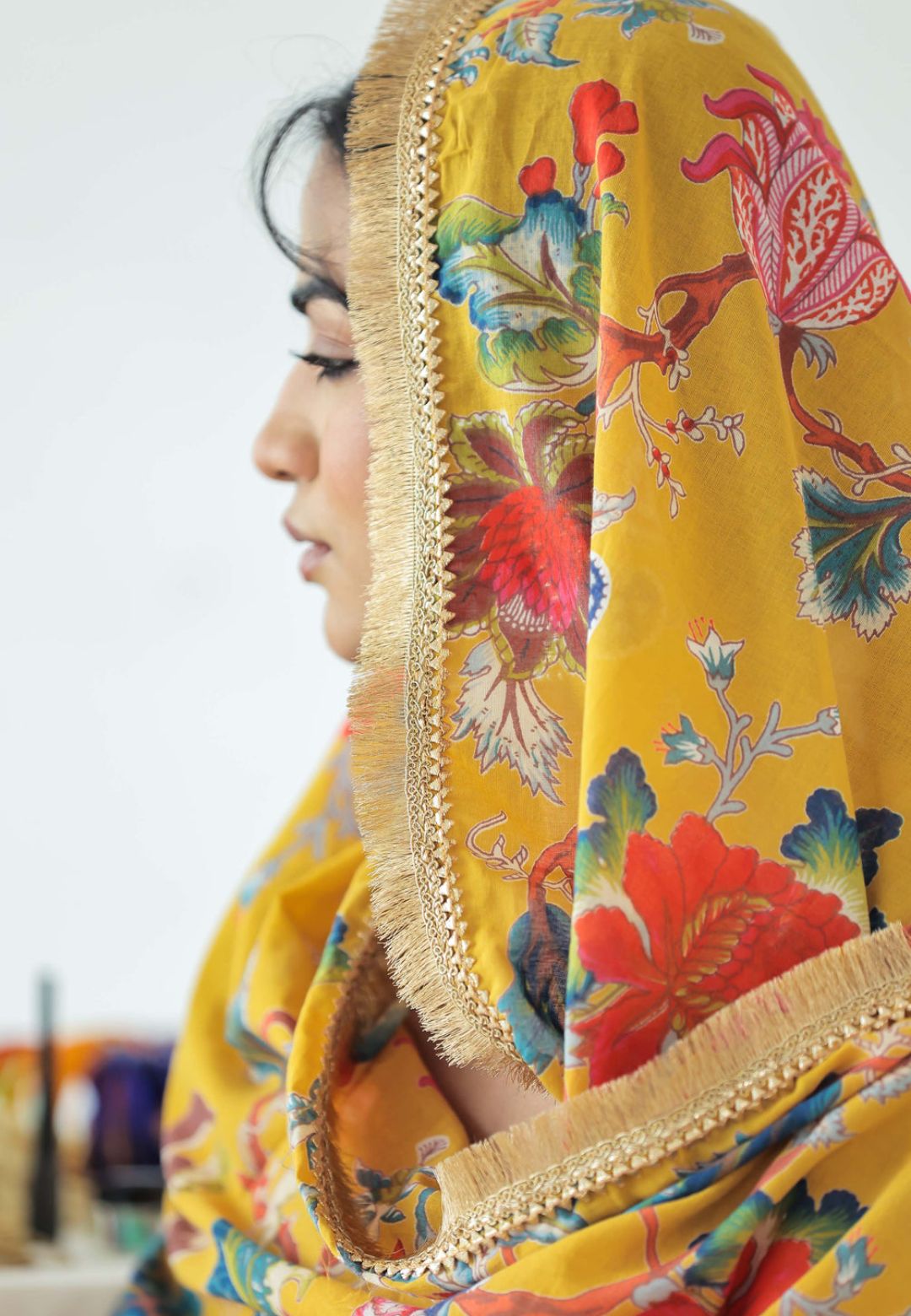 YELLOW GOTA MULMUL FLORAL ANARKALI SUIT SET