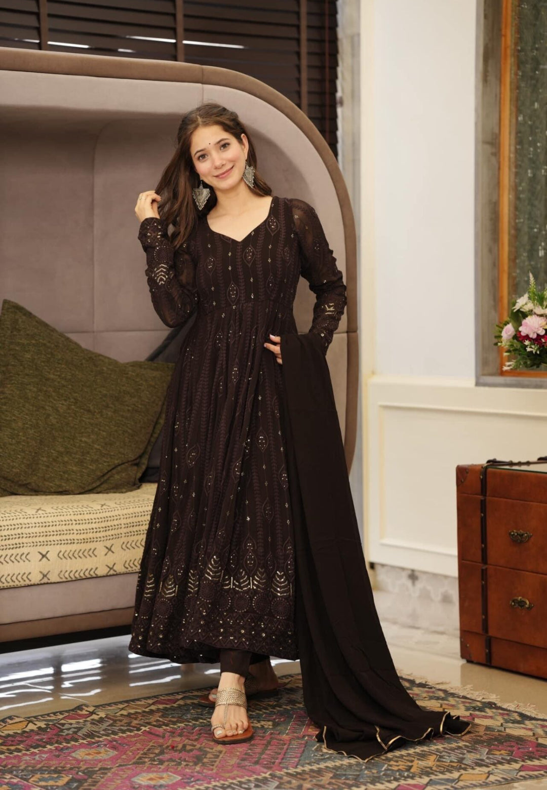 DEEP BROWN GEORGETTE ANARKALI SUIT SET