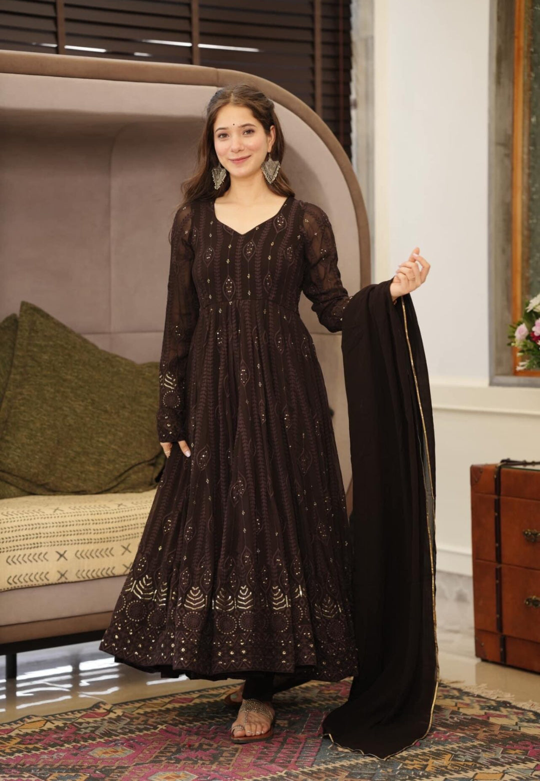 DEEP BROWN GEORGETTE ANARKALI SUIT SET