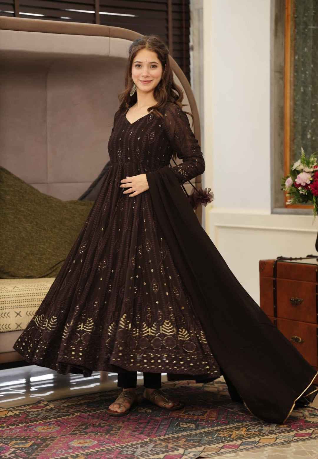 DEEP BROWN GEORGETTE ANARKALI SUIT SET