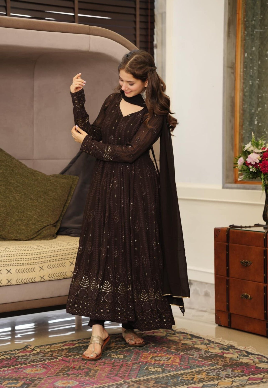 DEEP BROWN GEORGETTE ANARKALI SUIT SET