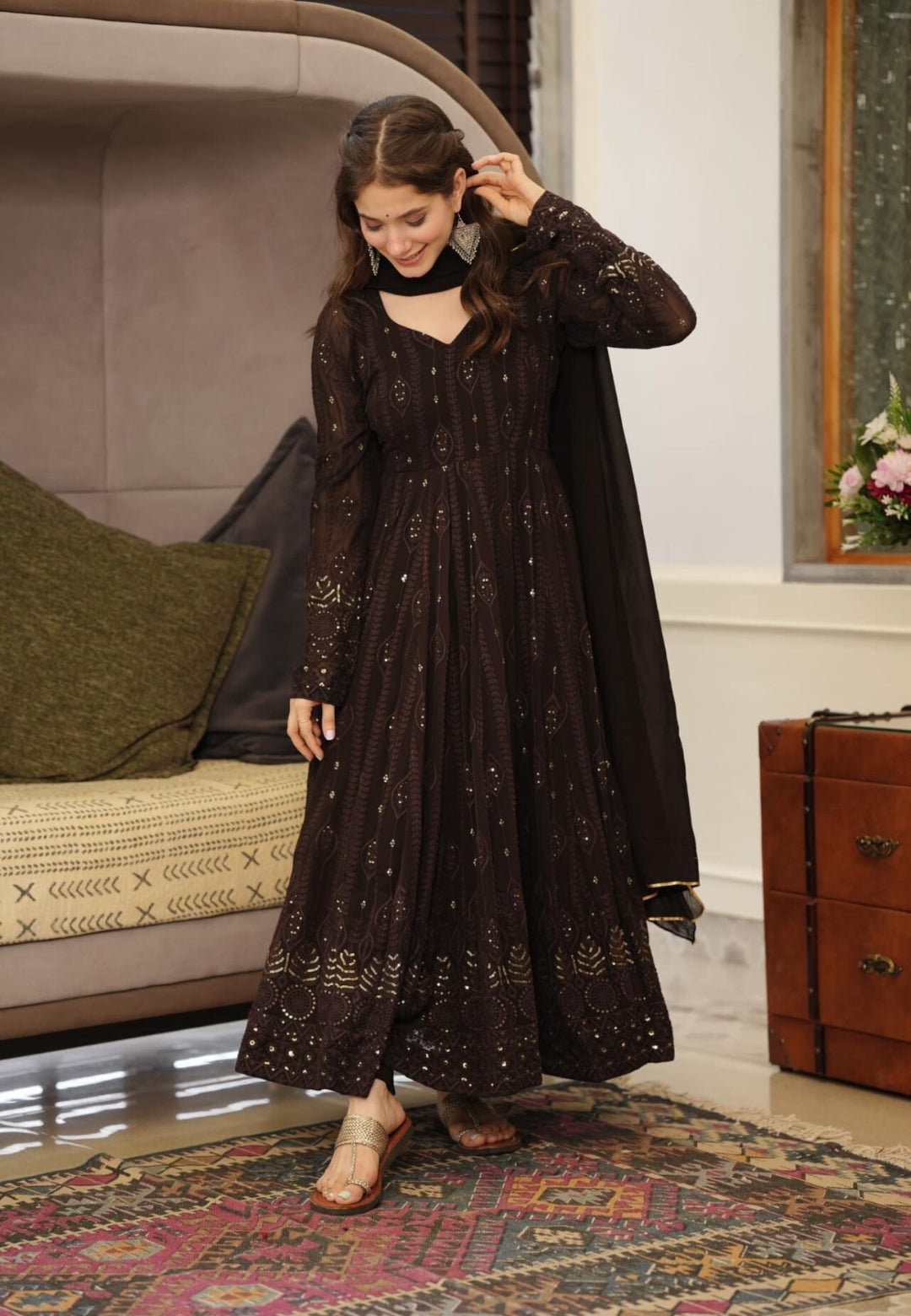 DEEP BROWN GEORGETTE ANARKALI SUIT SET