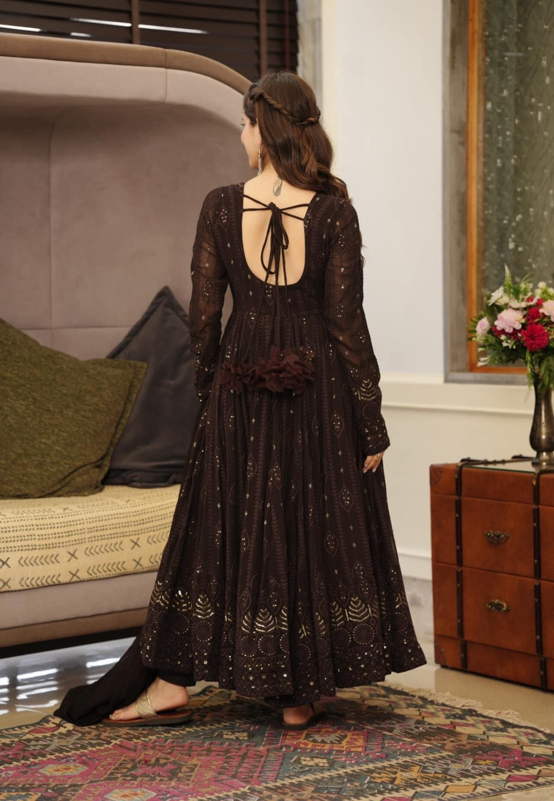 DEEP BROWN GEORGETTE ANARKALI SUIT SET