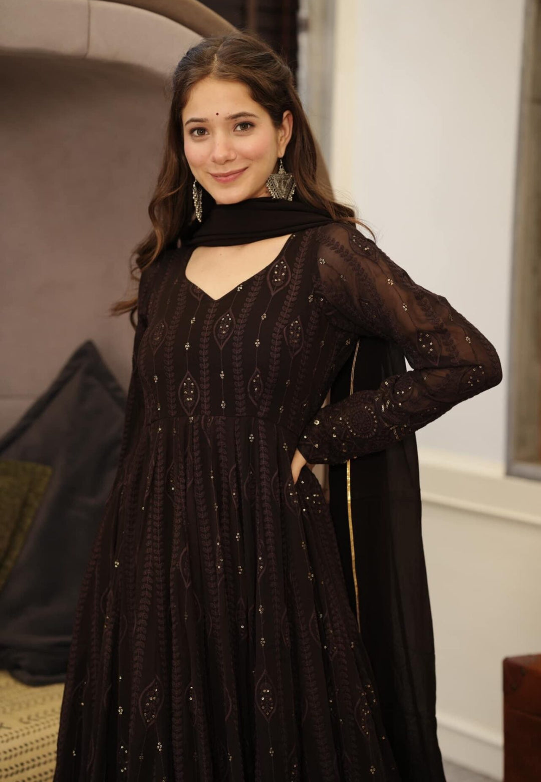 DEEP BROWN GEORGETTE ANARKALI SUIT SET