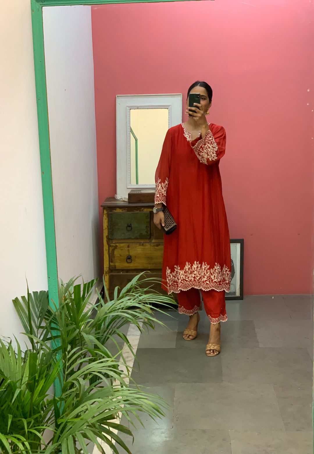 CHANDERI RED EMBROIDERED KURTA SET