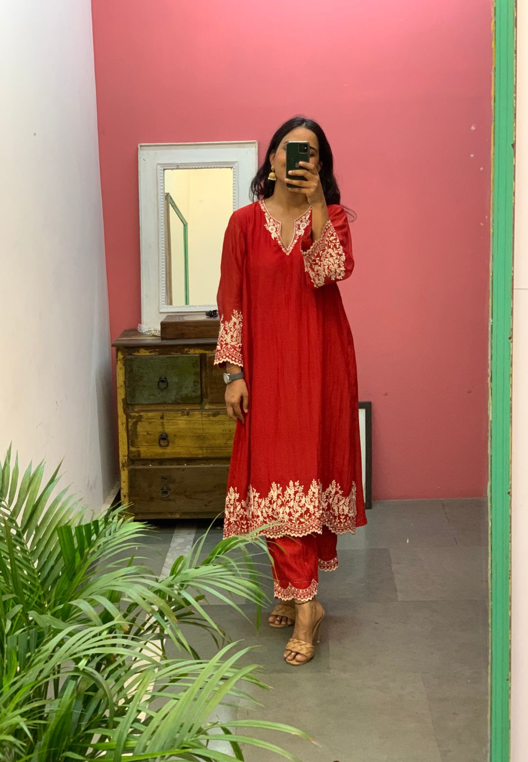 CHANDERI RED EMBROIDERED KURTA SET