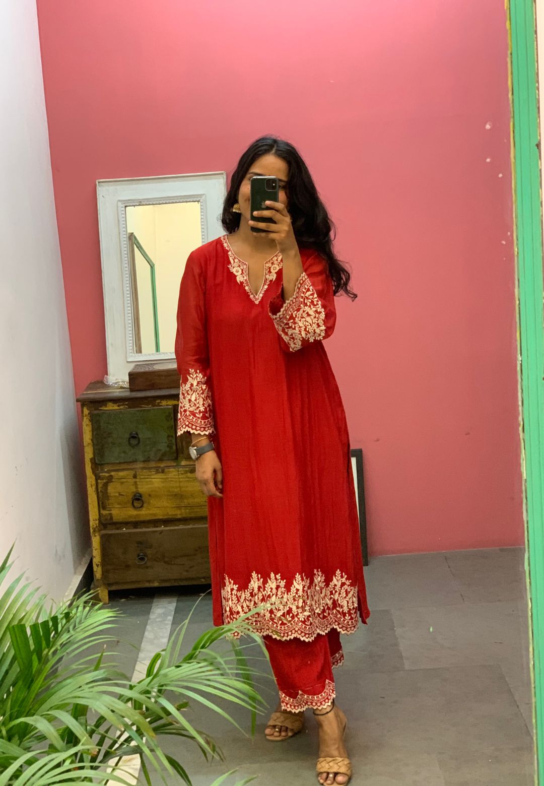 CHANDERI RED EMBROIDERED KURTA SET