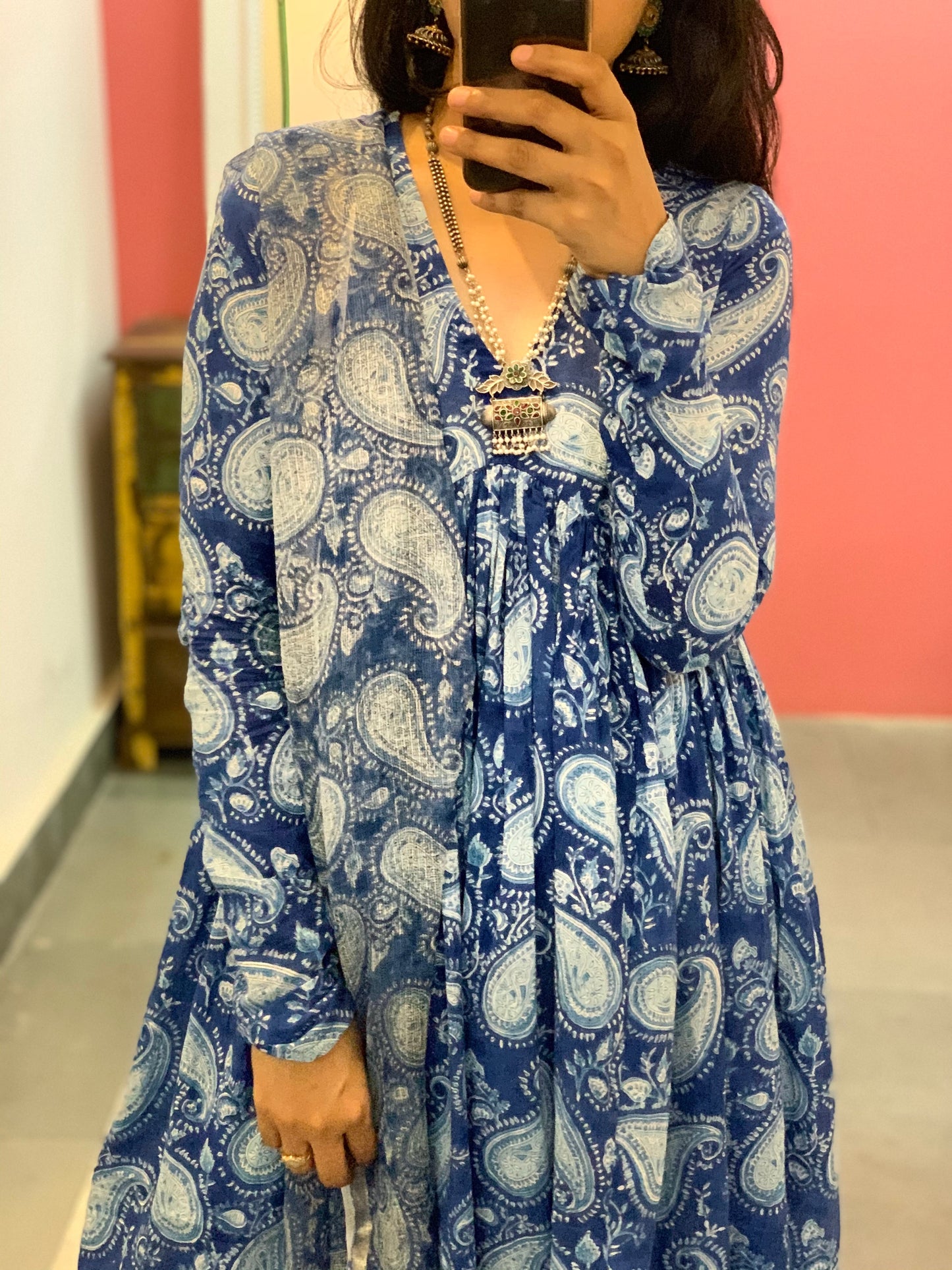 BLUE WHITE PAISLEY ALIA CUT COTTON SUIT SET