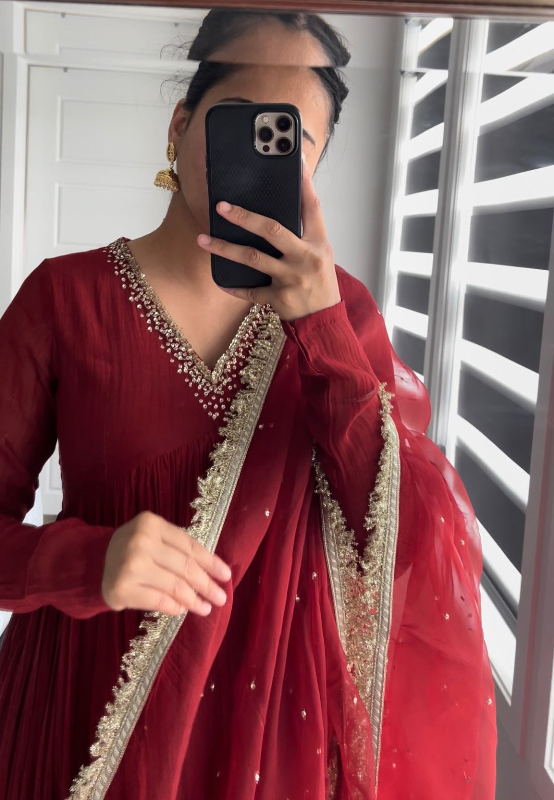 RED MUL CHANDERI ANARKALI SUIT SET