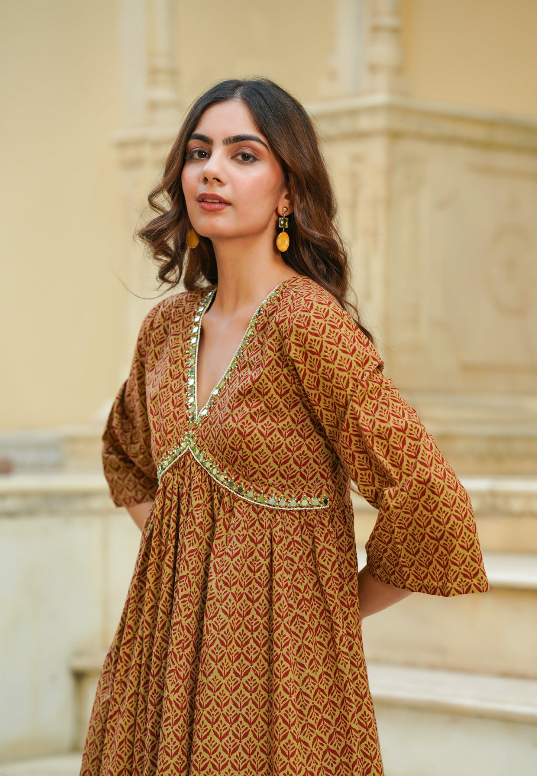 MAROON BROWN HANDBLOCK V NECK KURTA SET