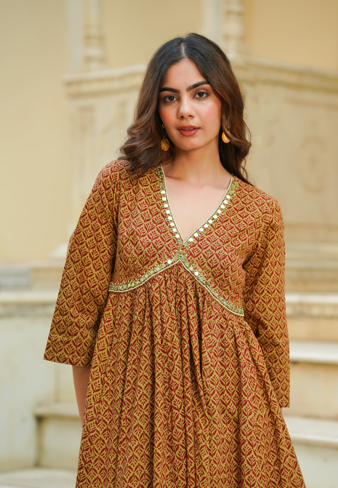 MAROON BROWN HANDBLOCK V NECK KURTA SET