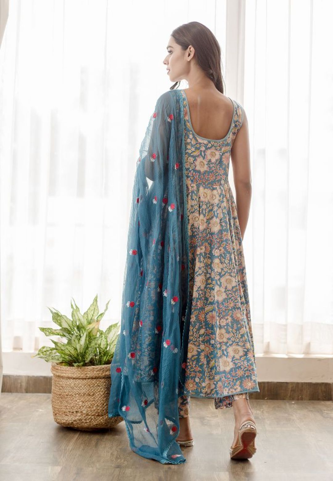 BLUE KUSHA COTTON ANARKALI SUIT SET