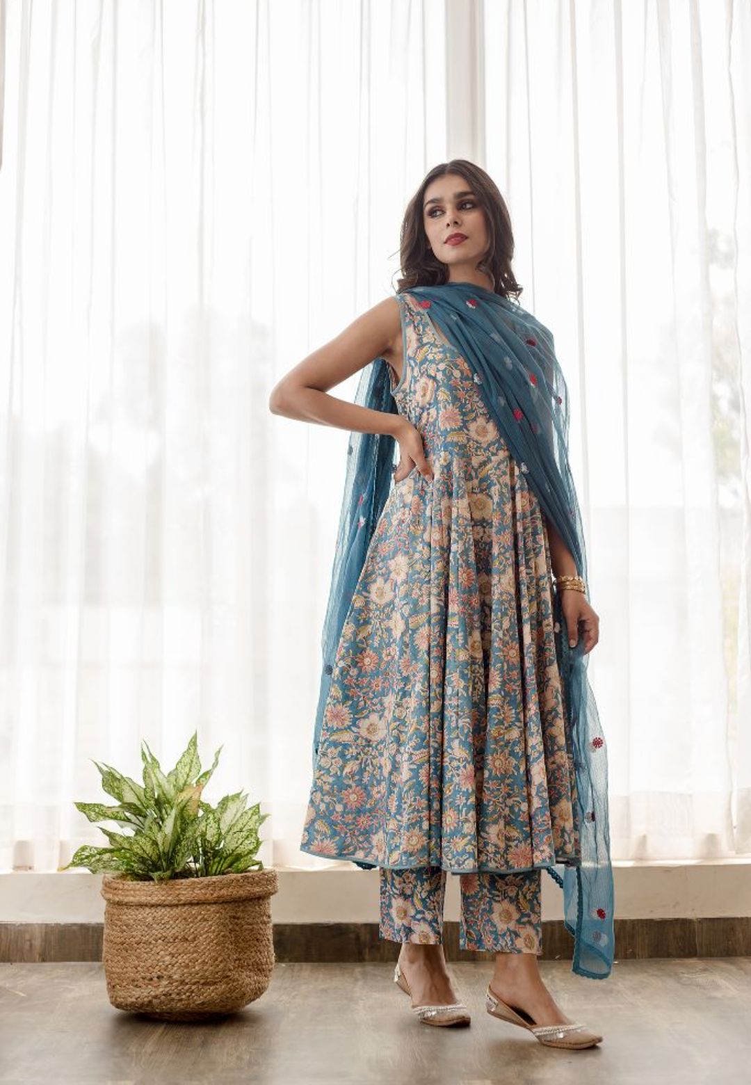BLUE KUSHA COTTON ANARKALI SUIT SET