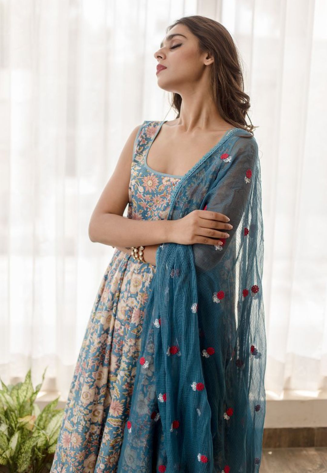 BLUE KUSHA COTTON ANARKALI SUIT SET