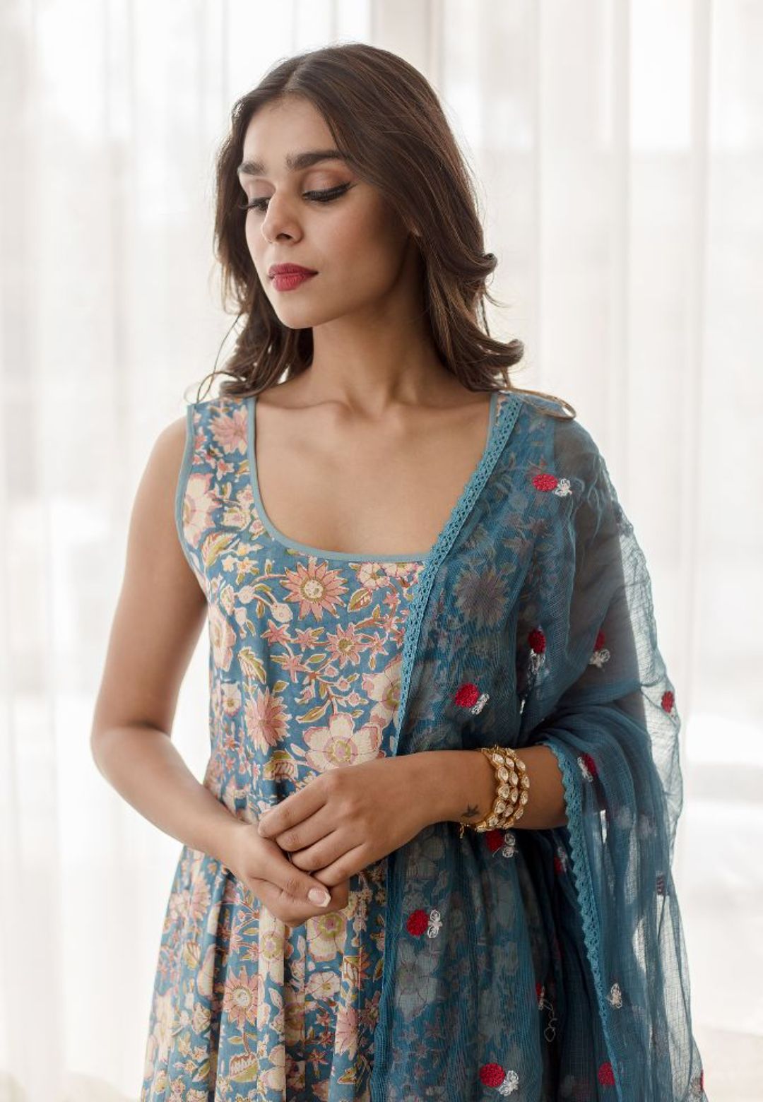 BLUE KUSHA COTTON ANARKALI SUIT SET