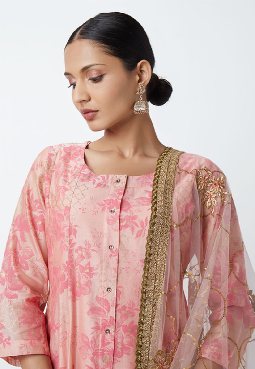 PEACH PINK FLORAL COTTON BLEND SUIT SET
