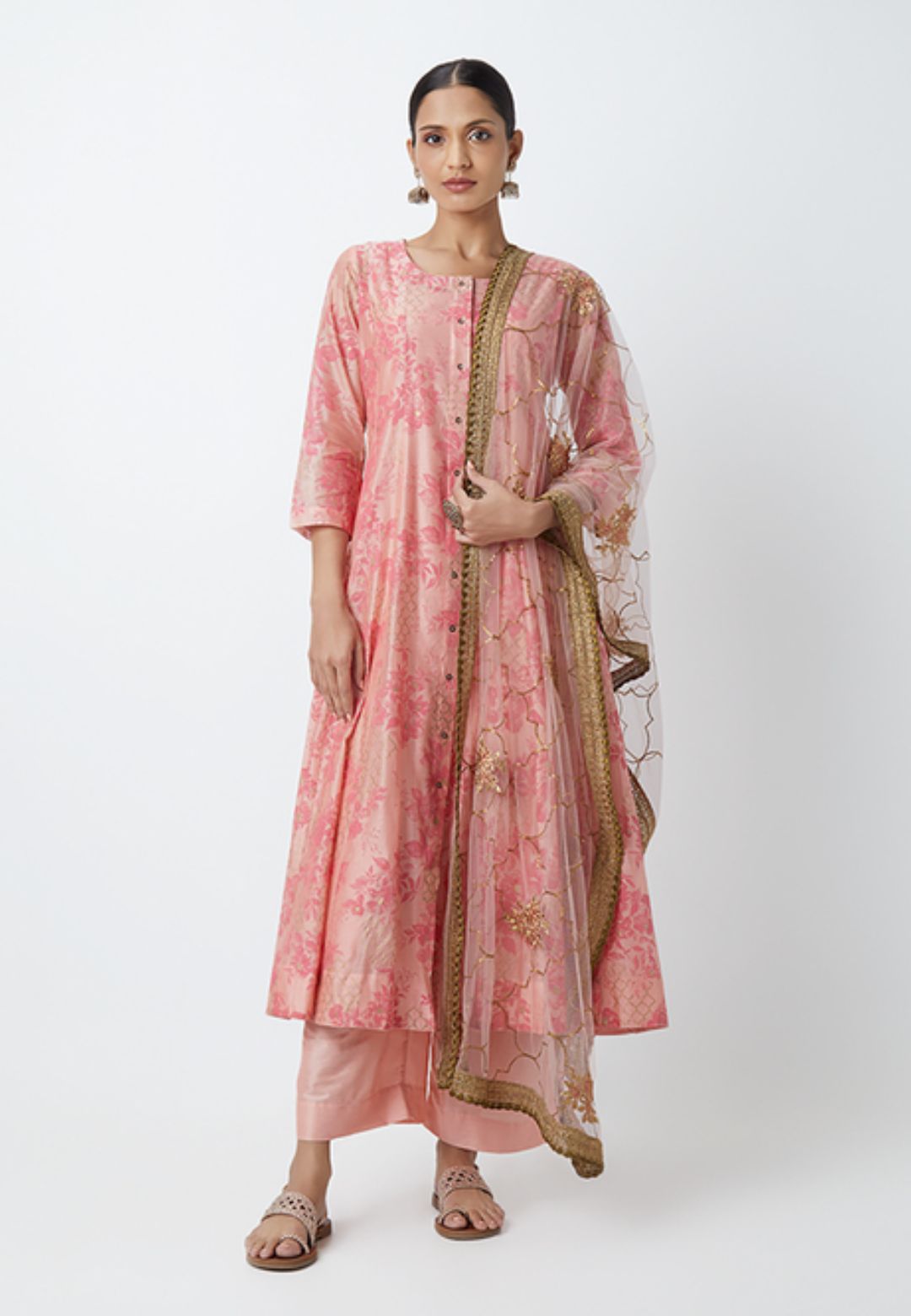 PEACH PINK FLORAL COTTON BLEND SUIT SET
