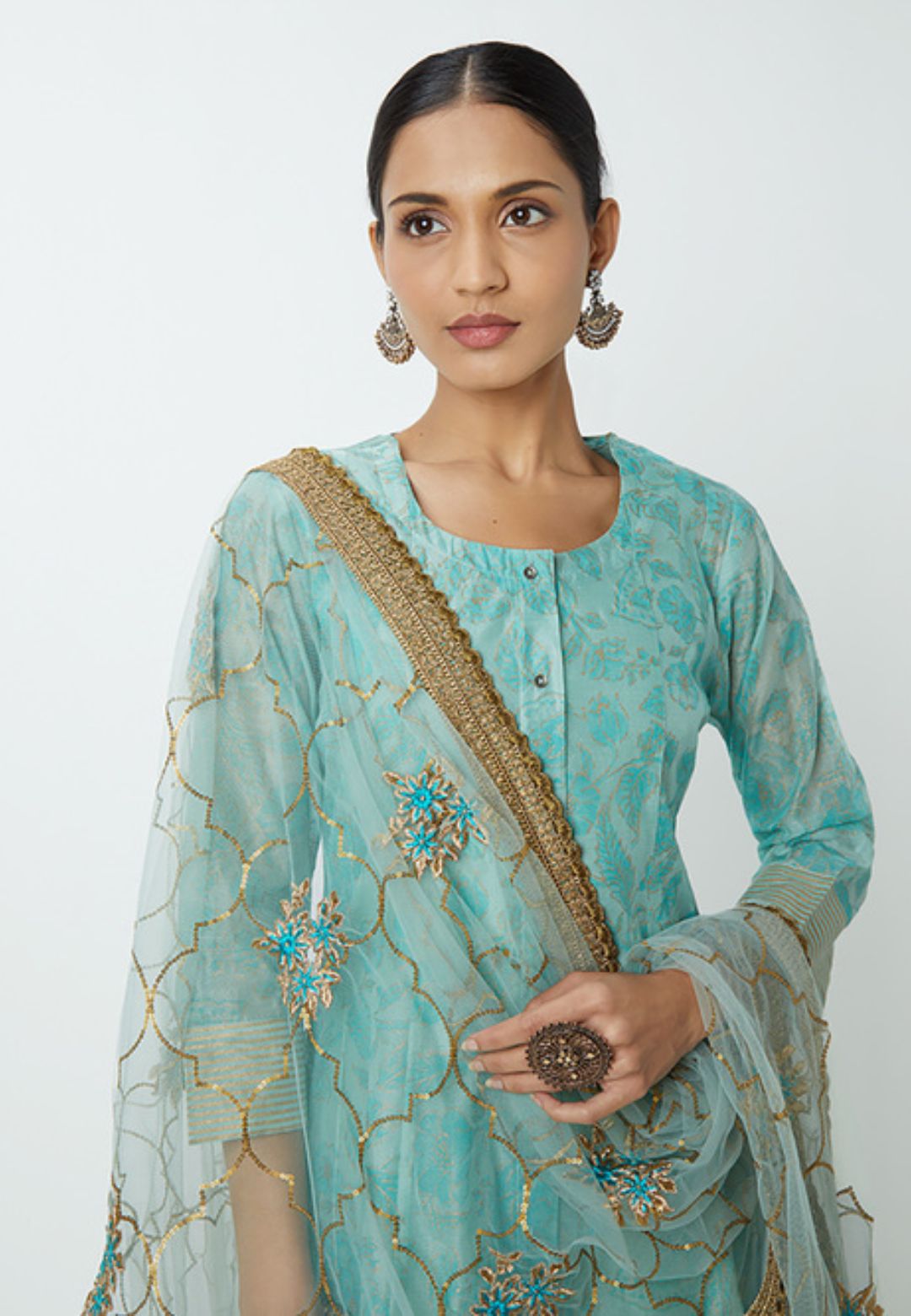 AQUA BLUE ETHNIC VISCOSE SUIT SET