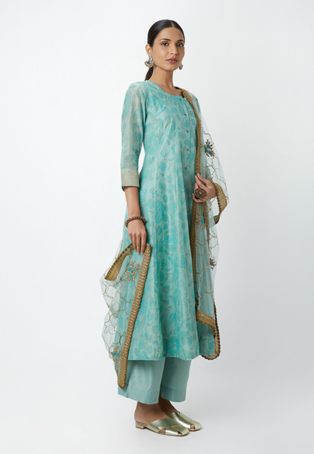 AQUA BLUE ETHNIC VISCOSE SUIT SET