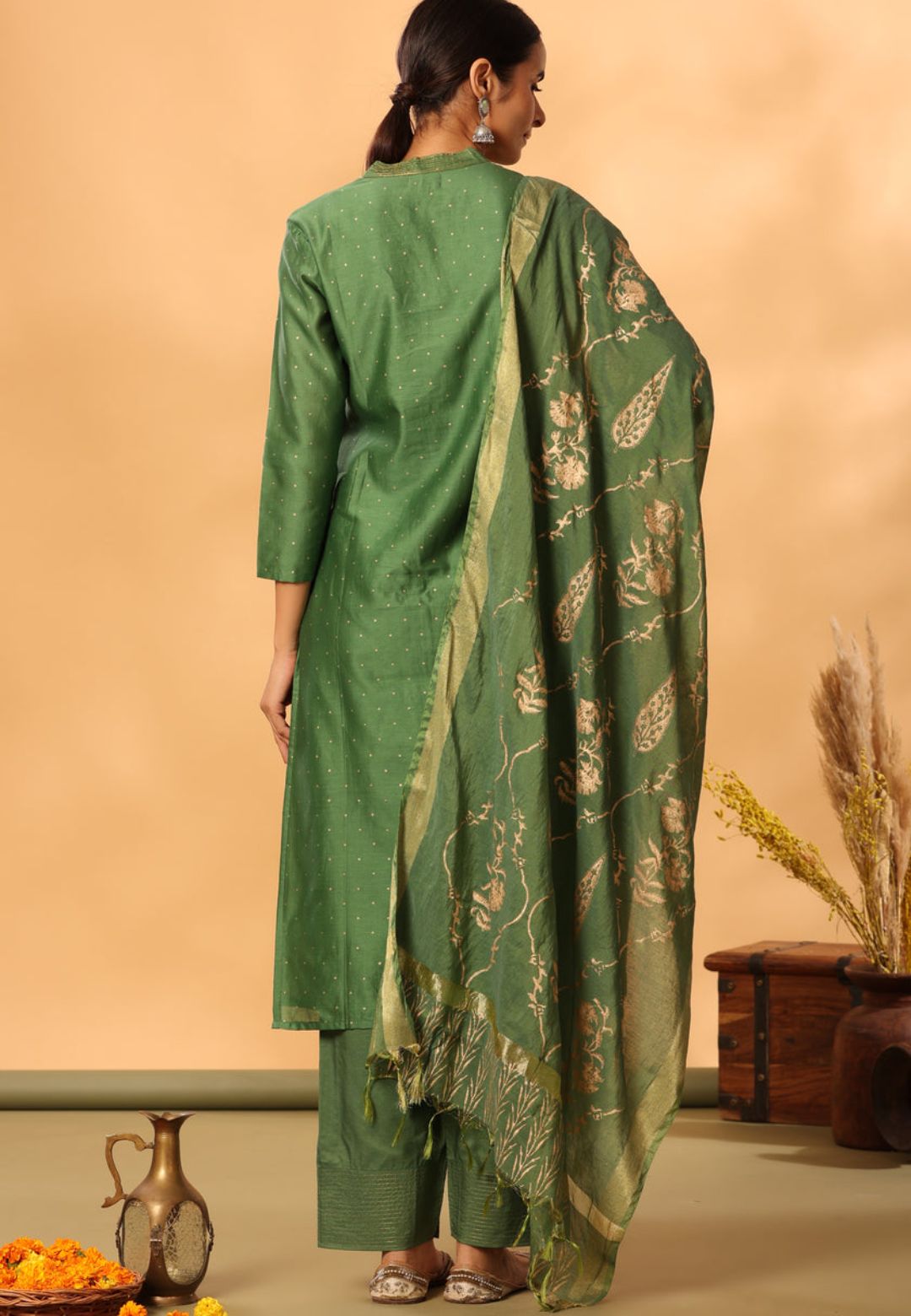 GREEN OLIVE CHANDERI SUIT SET