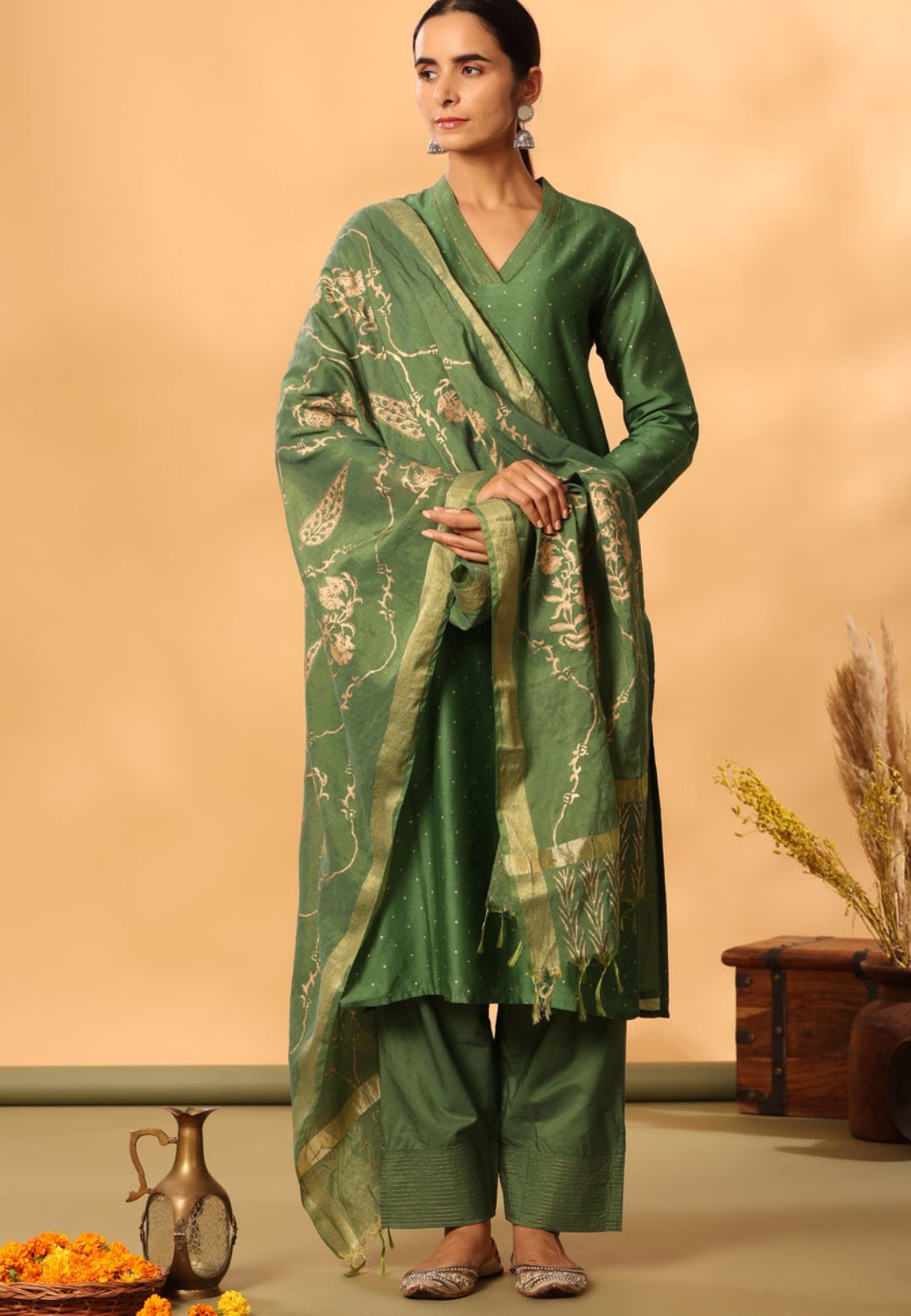 GREEN OLIVE CHANDERI SUIT SET