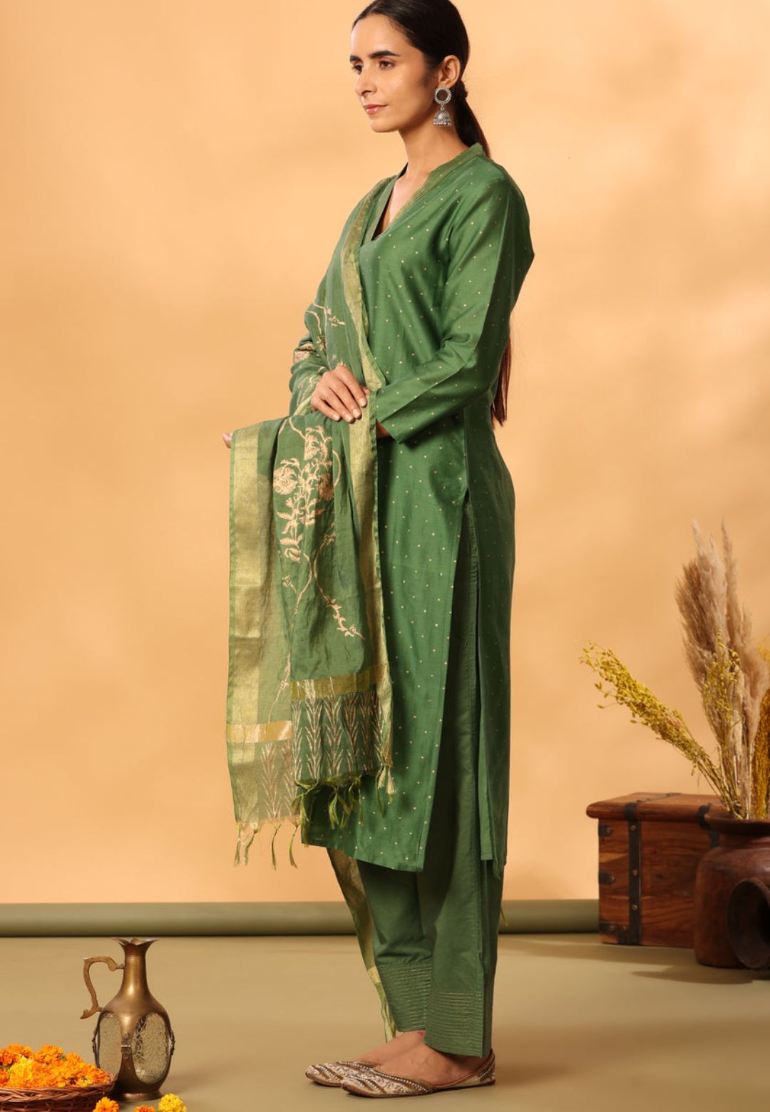 GREEN OLIVE CHANDERI SUIT SET