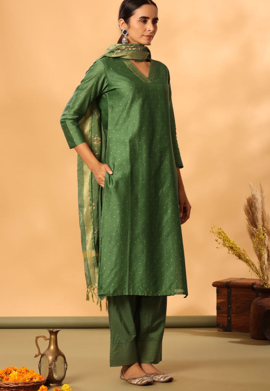 GREEN OLIVE CHANDERI SUIT SET