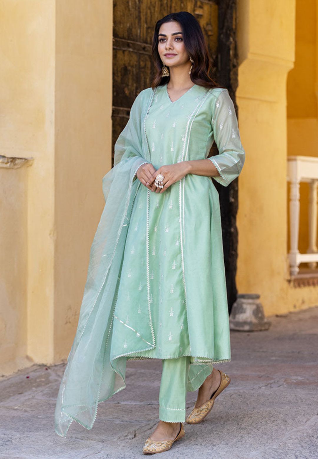 CHANDERI GREEN STRAIGHT SUIT SET