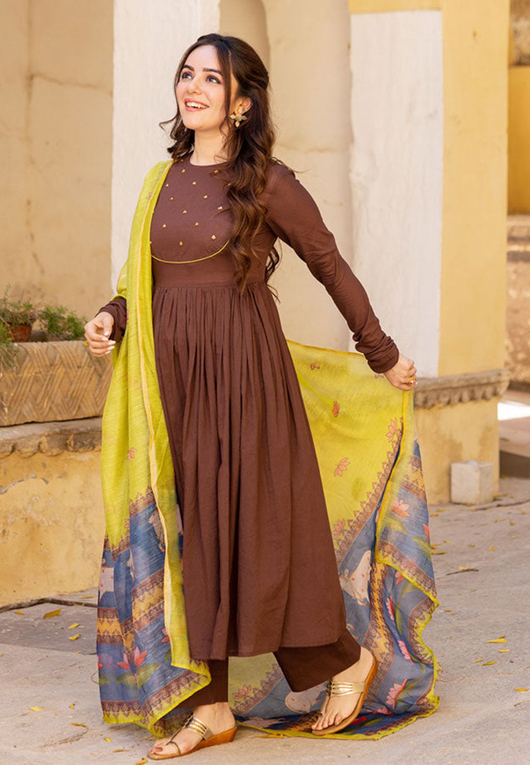 YELLOW BROWN COTTON SUIT SET