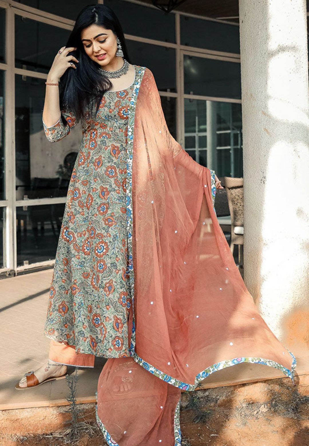 BROWN FLORAL COTTON SUIT SET