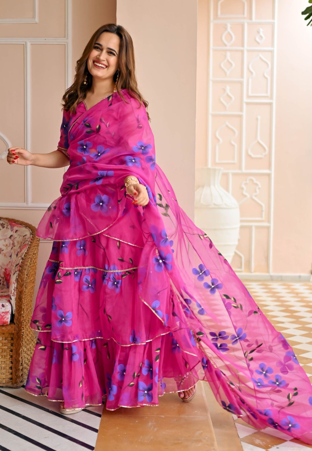 PINK RASPBERRY DRAPED ORGANZA SAREE