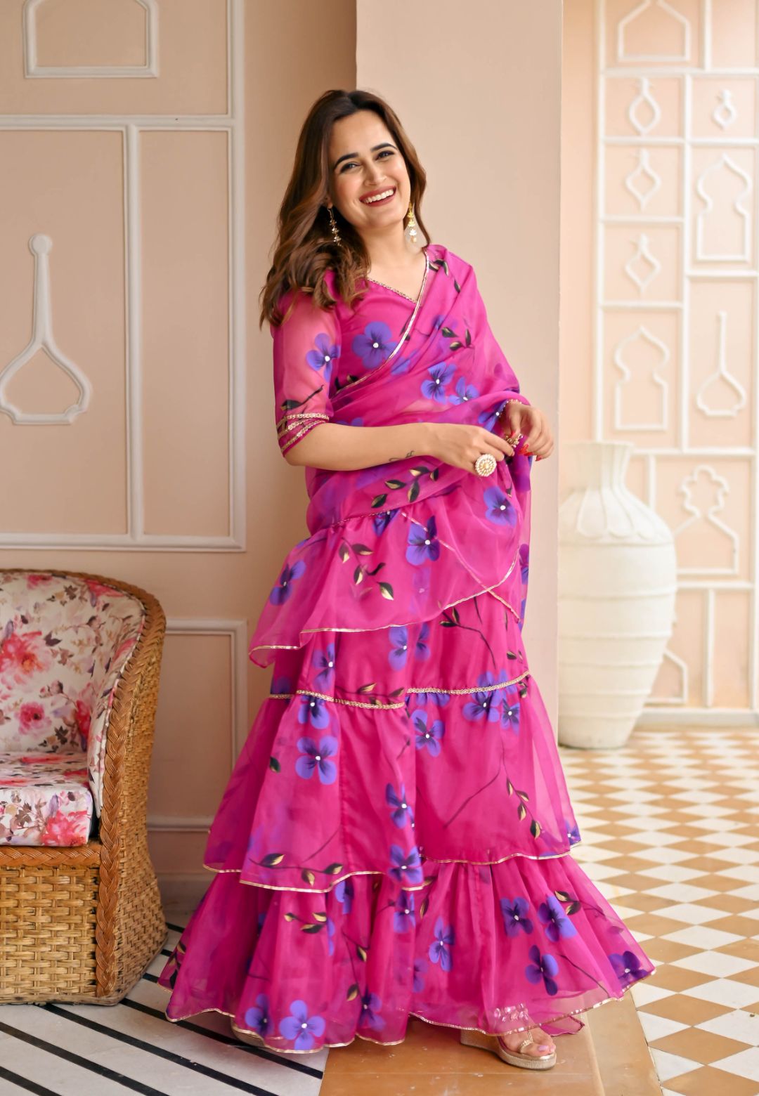 PINK RASPBERRY DRAPED ORGANZA SAREE