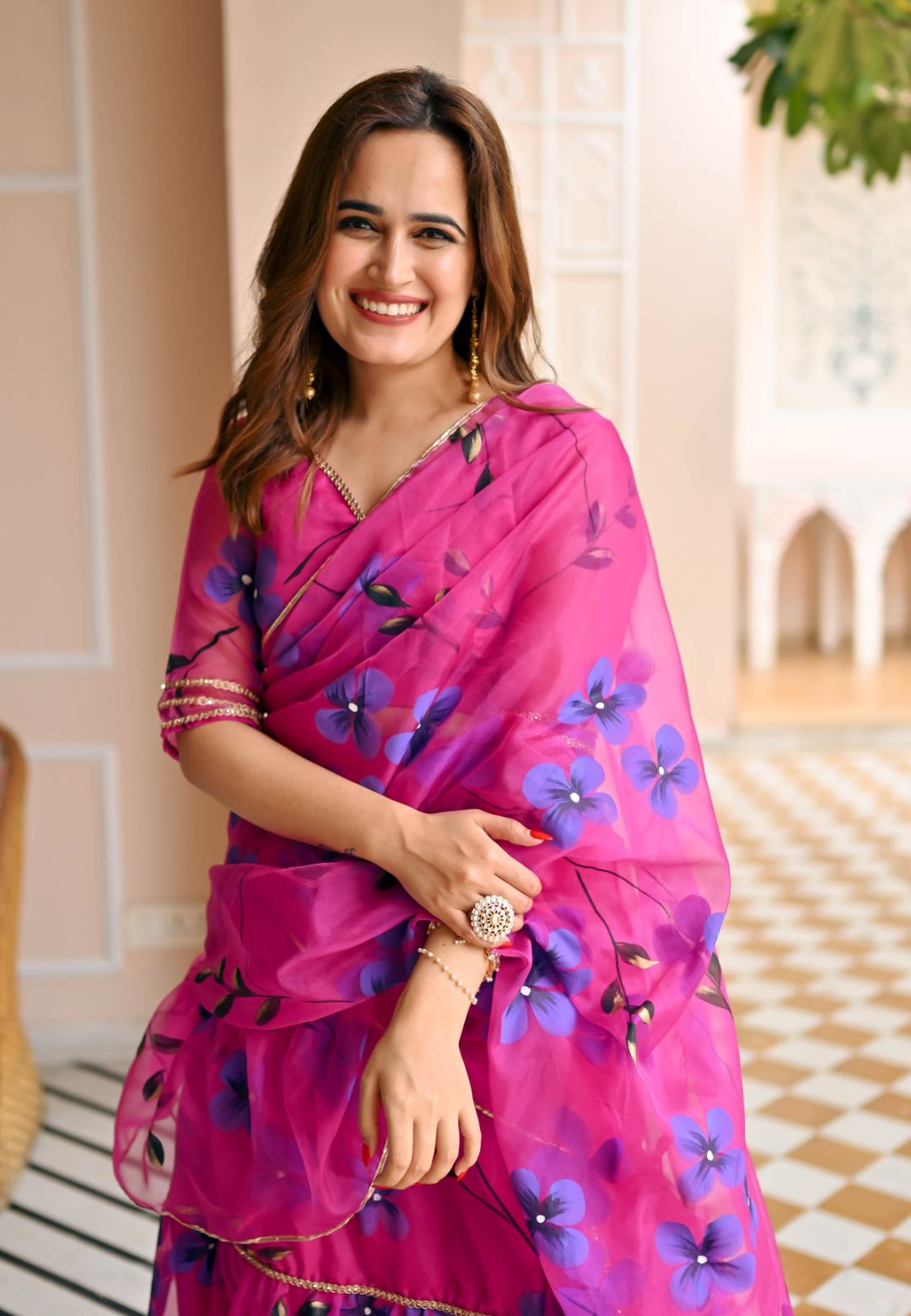 PINK RASPBERRY DRAPED ORGANZA SAREE