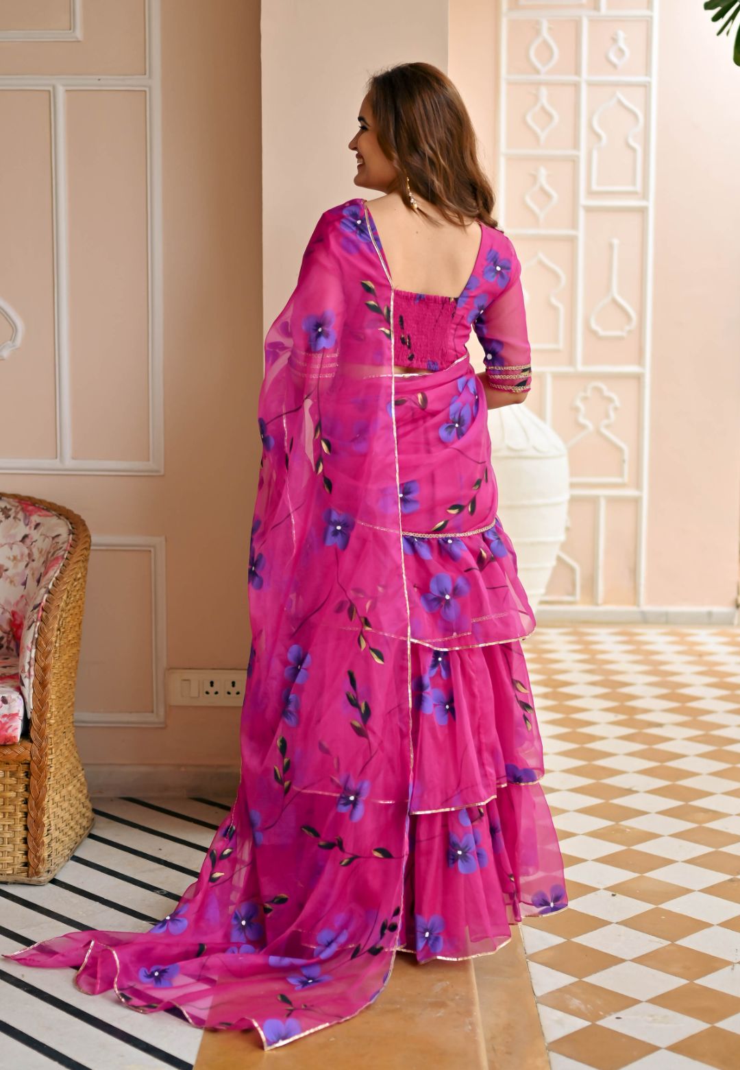 PINK RASPBERRY DRAPED ORGANZA SAREE