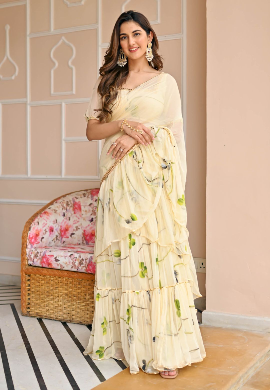 IVORY WHITE PEARLED CHIFFON DRAPED SAREE