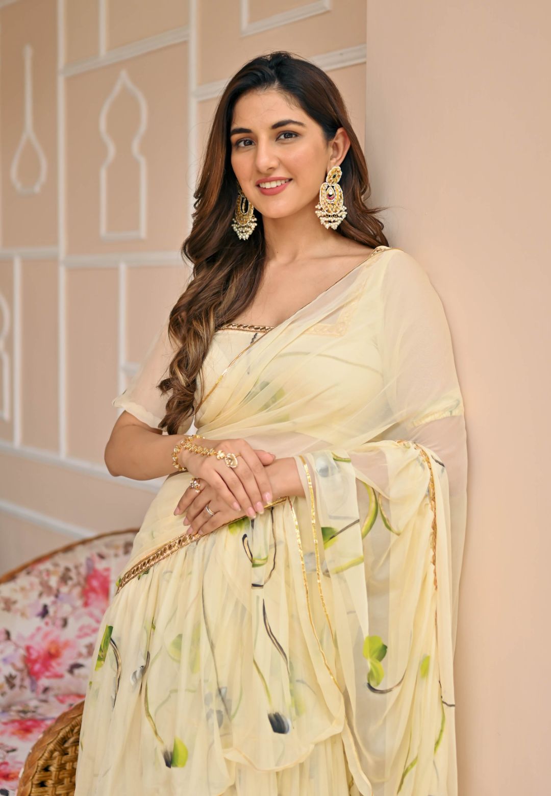 IVORY WHITE PEARLED CHIFFON DRAPED SAREE