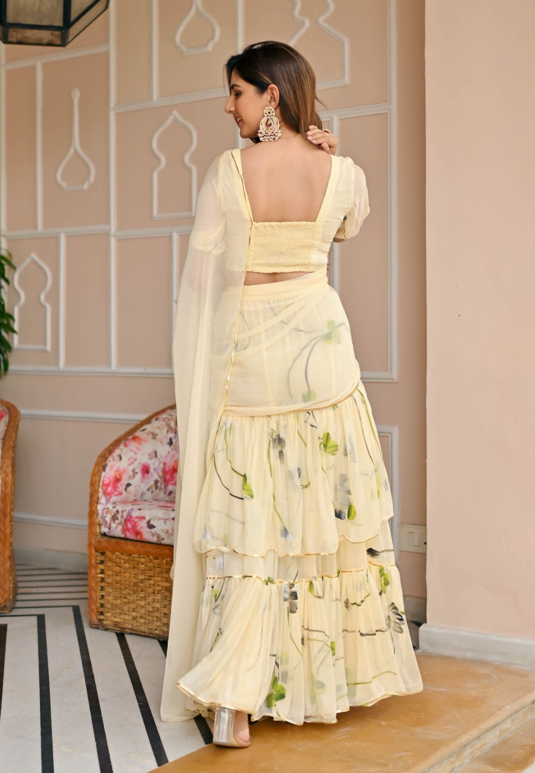 IVORY WHITE PEARLED CHIFFON DRAPED SAREE