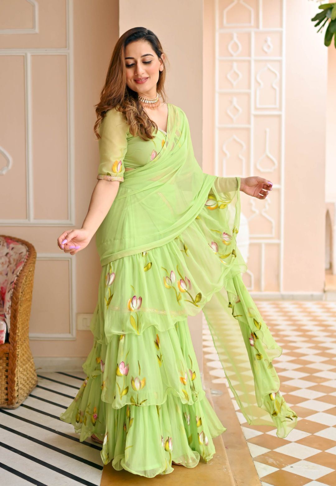 PARADISE GREEN DRAPED CHIFFON SAREE