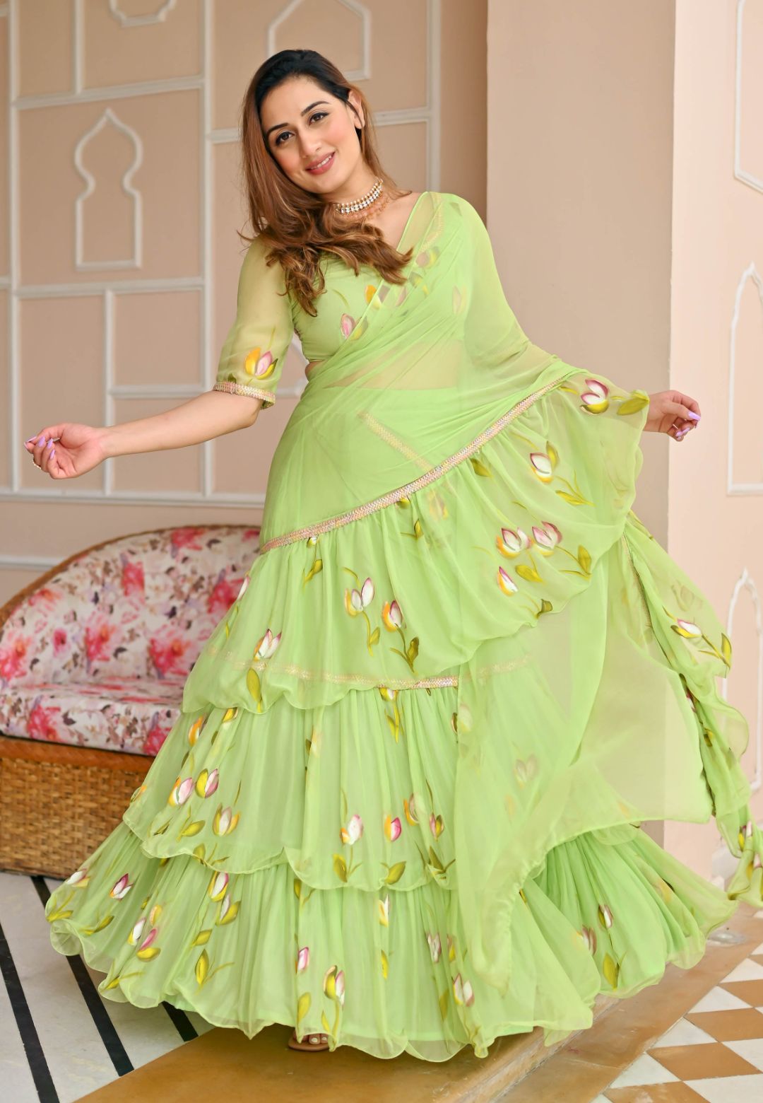PARADISE GREEN DRAPED CHIFFON SAREE