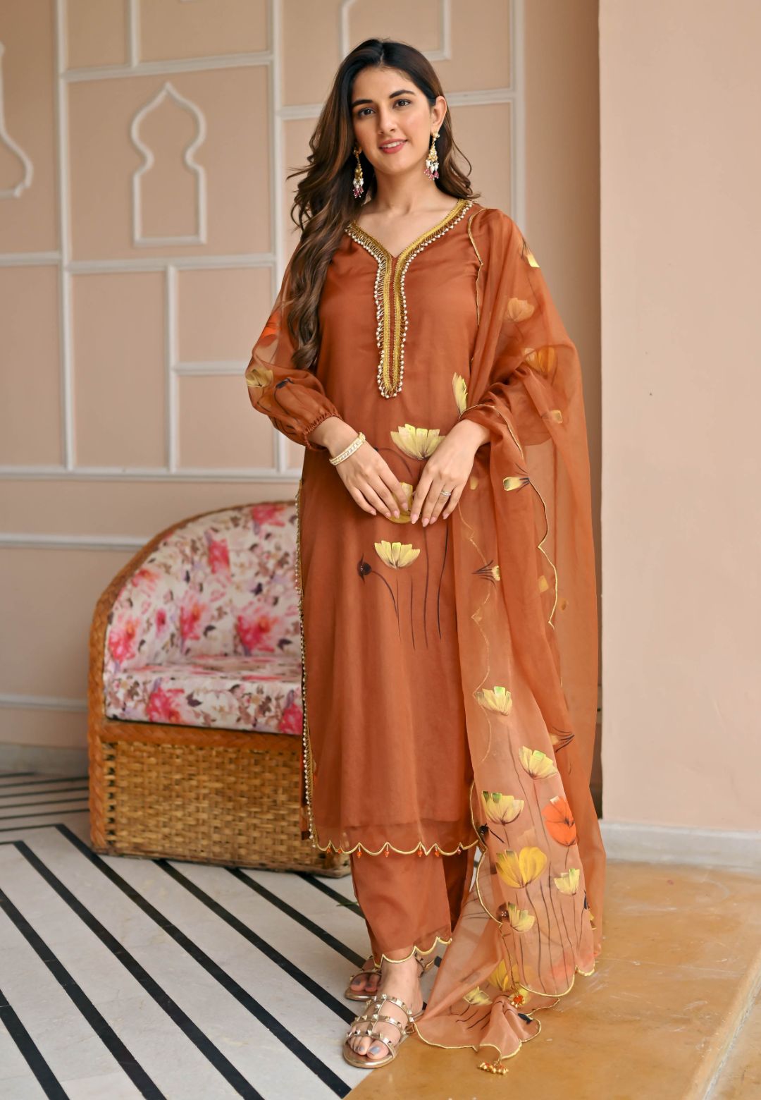 CARAMEL HANDPAINTED ORGANZA SUIT SET