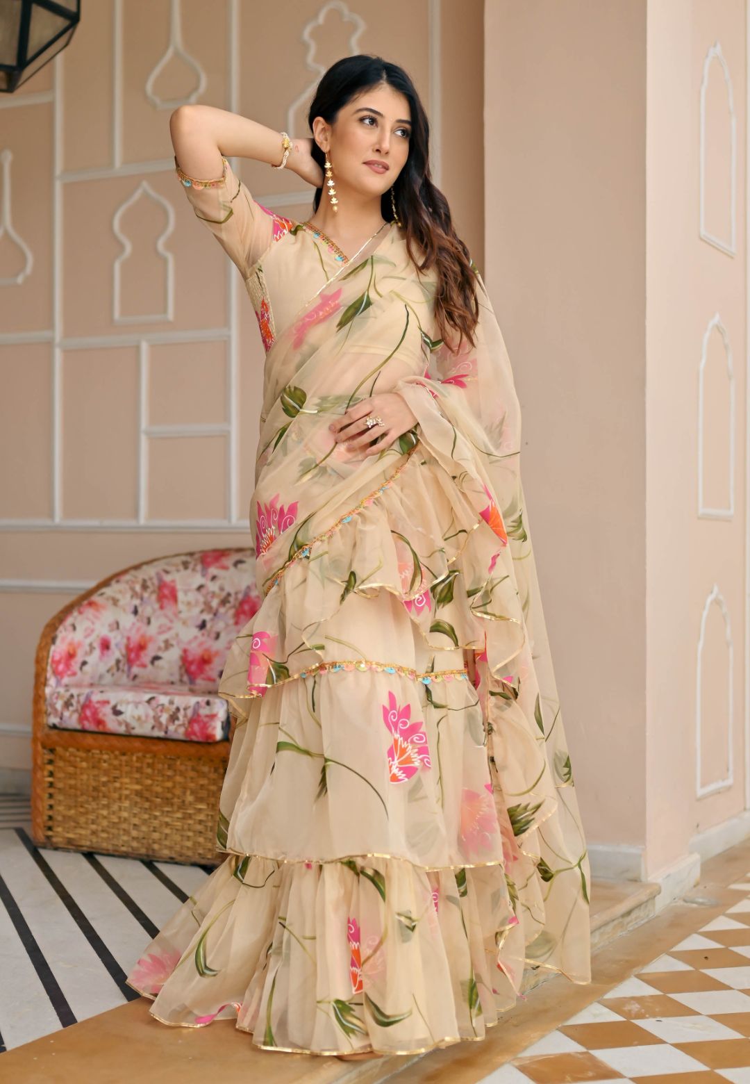 BEIGE PINK DRAPED ORGANZA SAREE