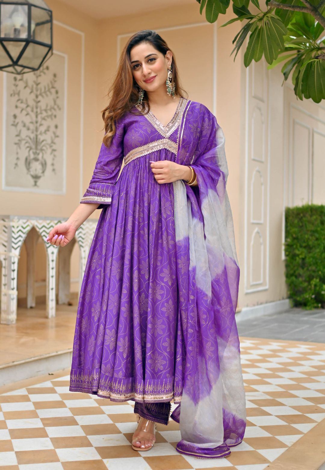 PURPLE GOLD HANDBLOCK COTTON SILK SUIT SET