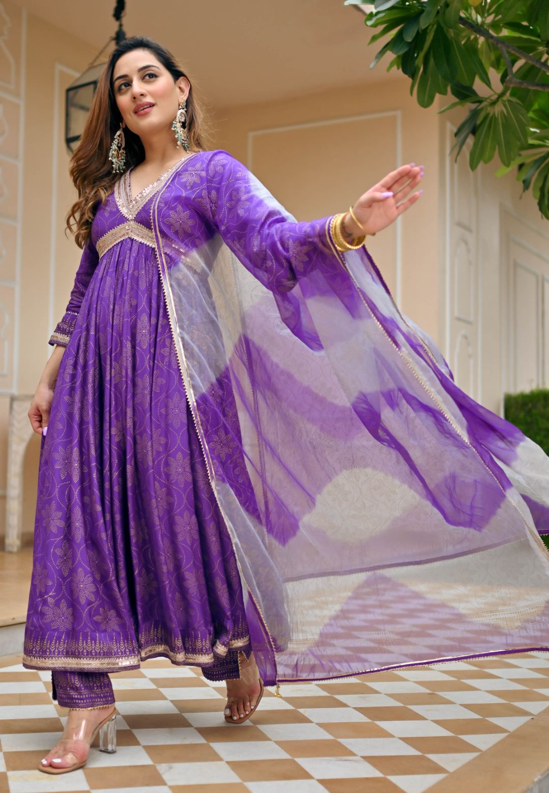 PURPLE GOLD HANDBLOCK COTTON SILK SUIT SET