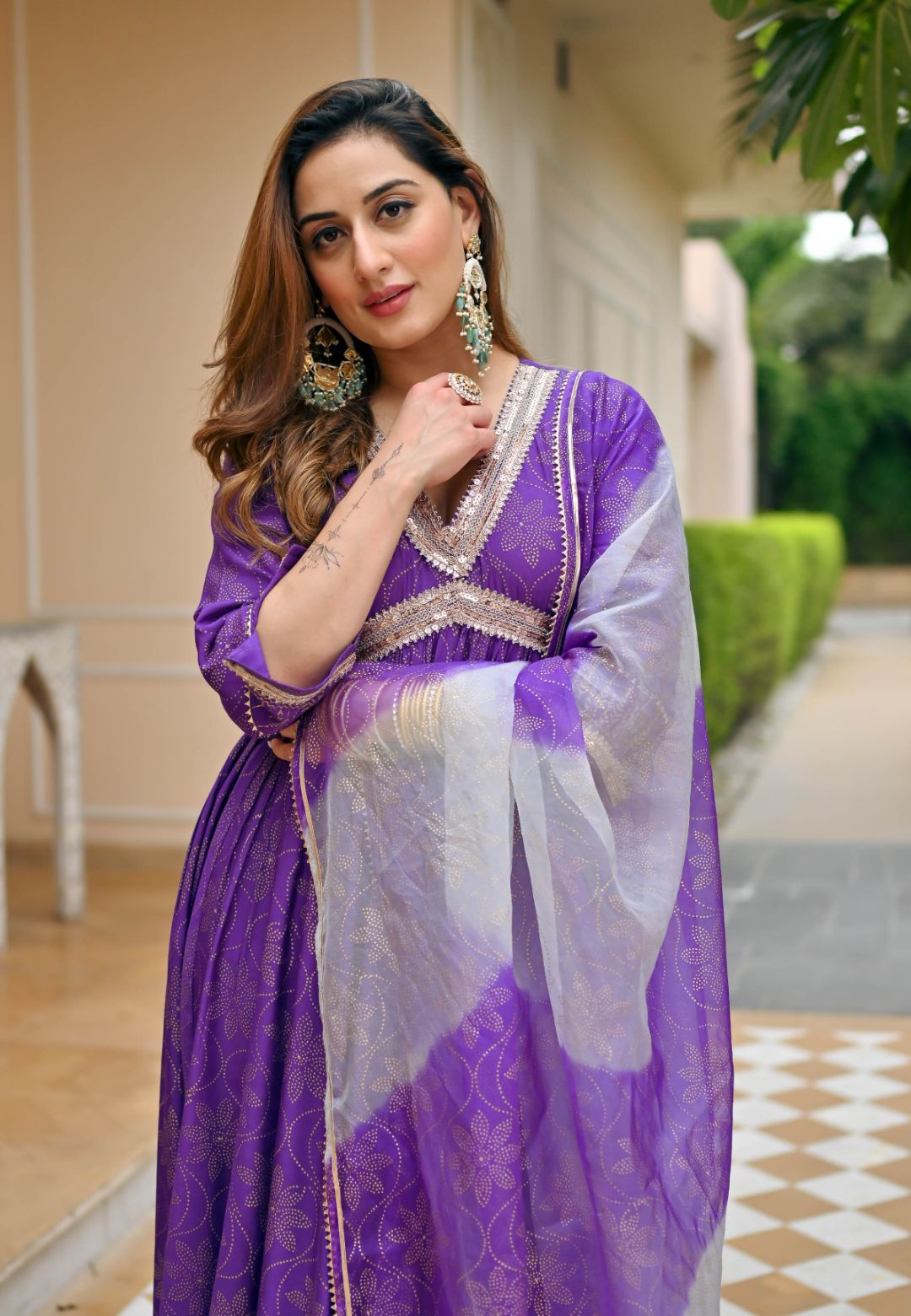 PURPLE GOLD HANDBLOCK COTTON SILK SUIT SET