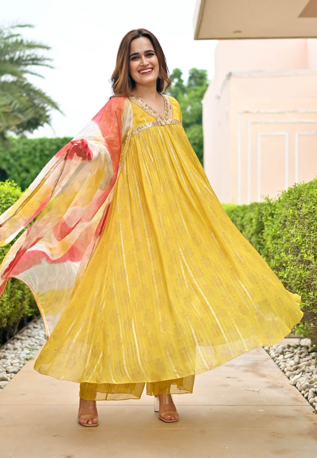 YELLOW GOLD HANDBLOCK GEORGETTE SUIT SET
