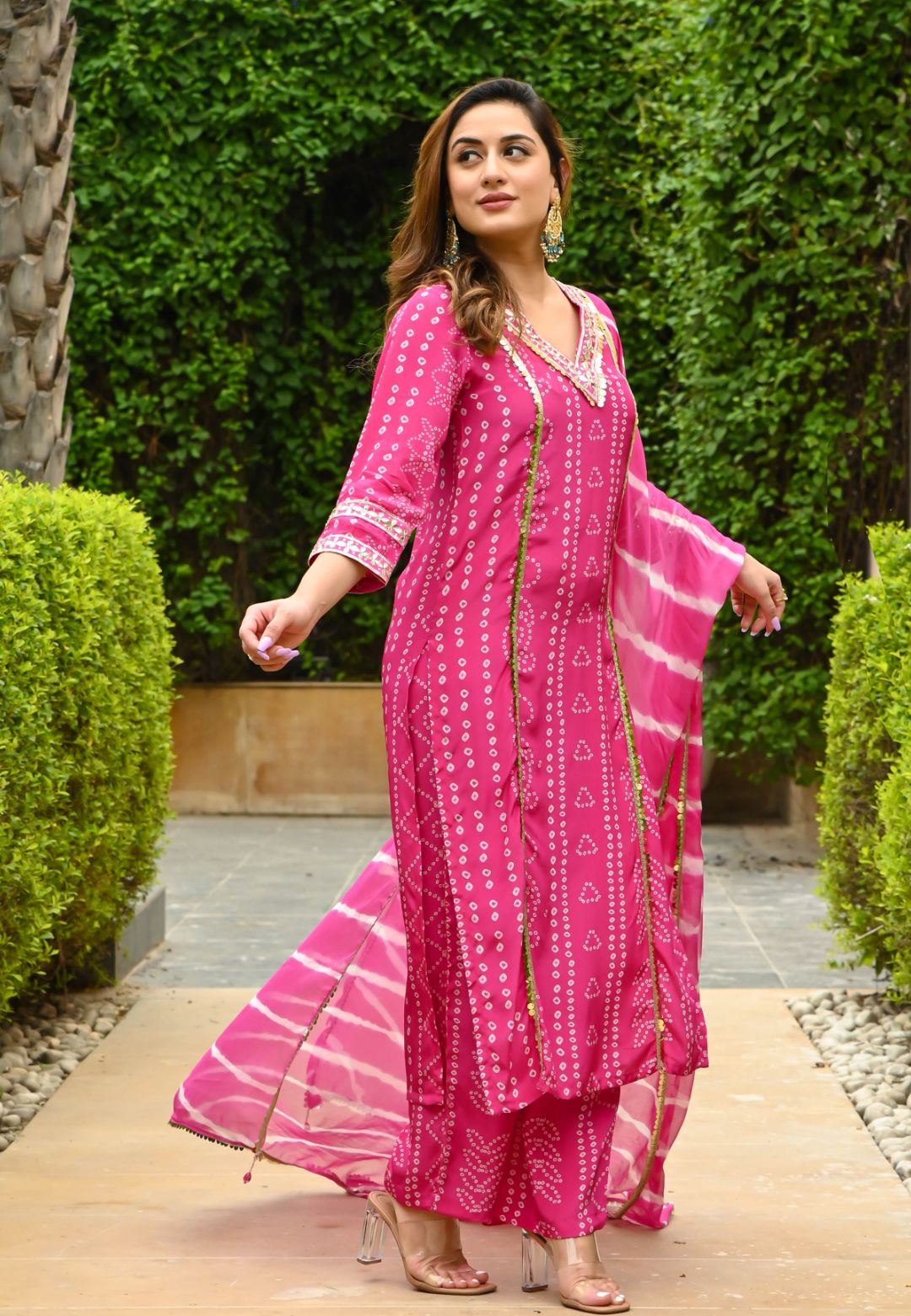 HOT PINK BANDHEJ PRINT SUIT SET
