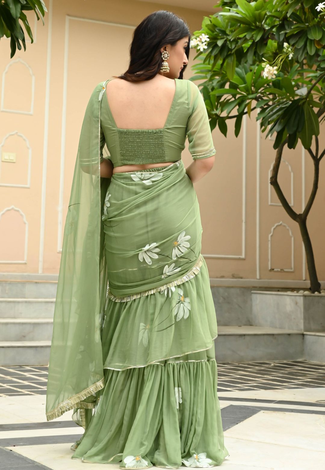 DAISY OLIVE GREEN DRAPED CHIFFON SAREE